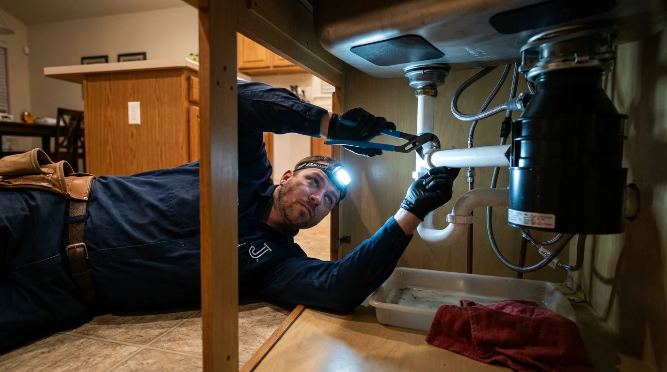 P-trap and supply line connections under a kitchen sink showing a common leak point in Saguache, CO